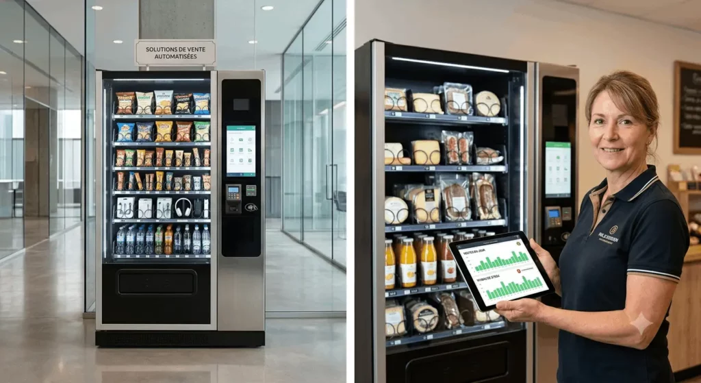 Mujer profesional sosteniendo una tableta frente a máquinas expendedoras de snacks y bebidas en una oficina moderna, ilustrando cómo elegir la ubicación ideal para sus máquinas expendedoras