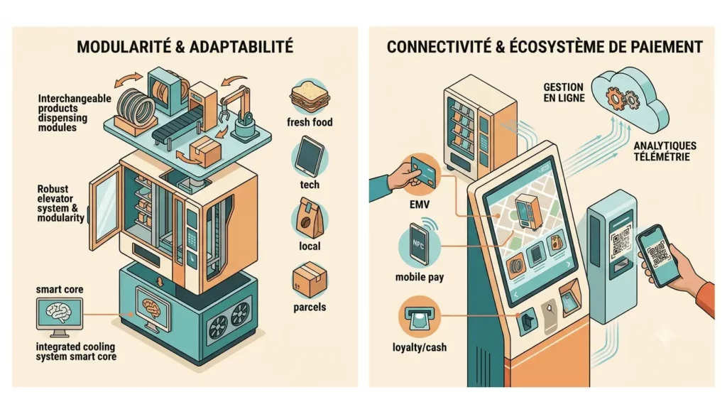 Máquina expendedora modular con smart core, sistema de refrigeración integrado y conectividad de pago EMV, NFC, mobile pay y loyalty cash para gestión en línea